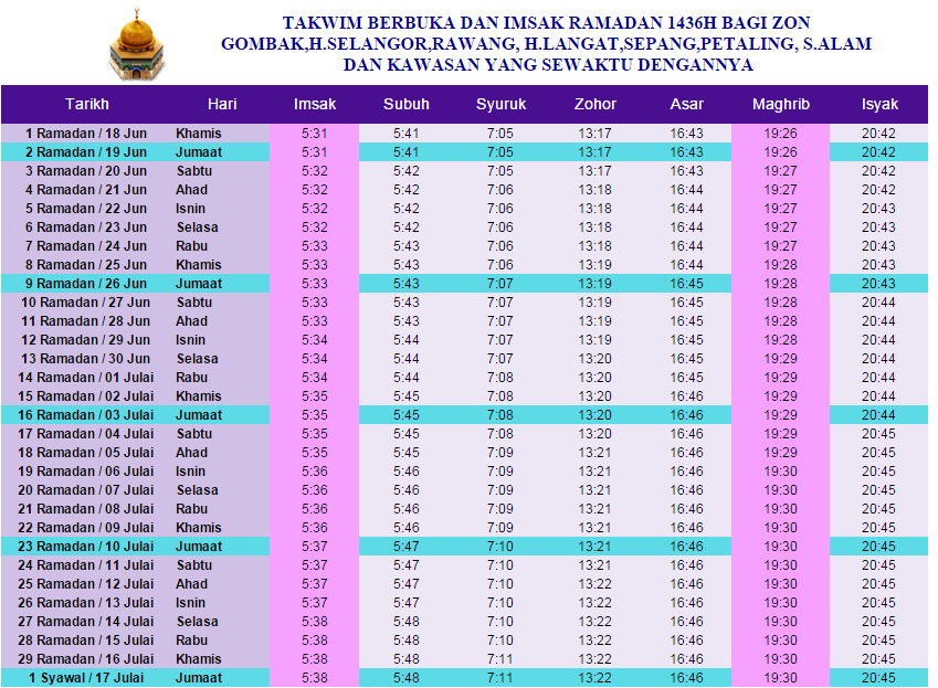 JADUAL WAKTU BERBUKA PUASA DAN IMSAK 2018
